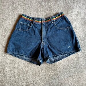 Vintage Ocean Pacific Denim Shorts Size 5 Rainbow Belt Retro OP Jean Shorts